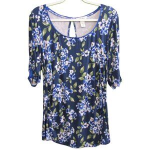 White House Black Market Blue White Floral Top Sz XL Scoop Neck Ruched Side WHBM